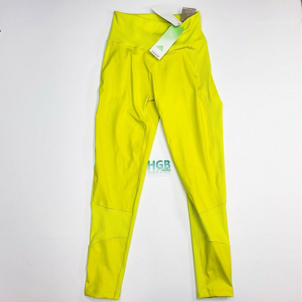 Adidas Aeroready Rib Tight Women's 7/8th High Rise Training Sport Yellow GT6256 - Picture 2 of 12